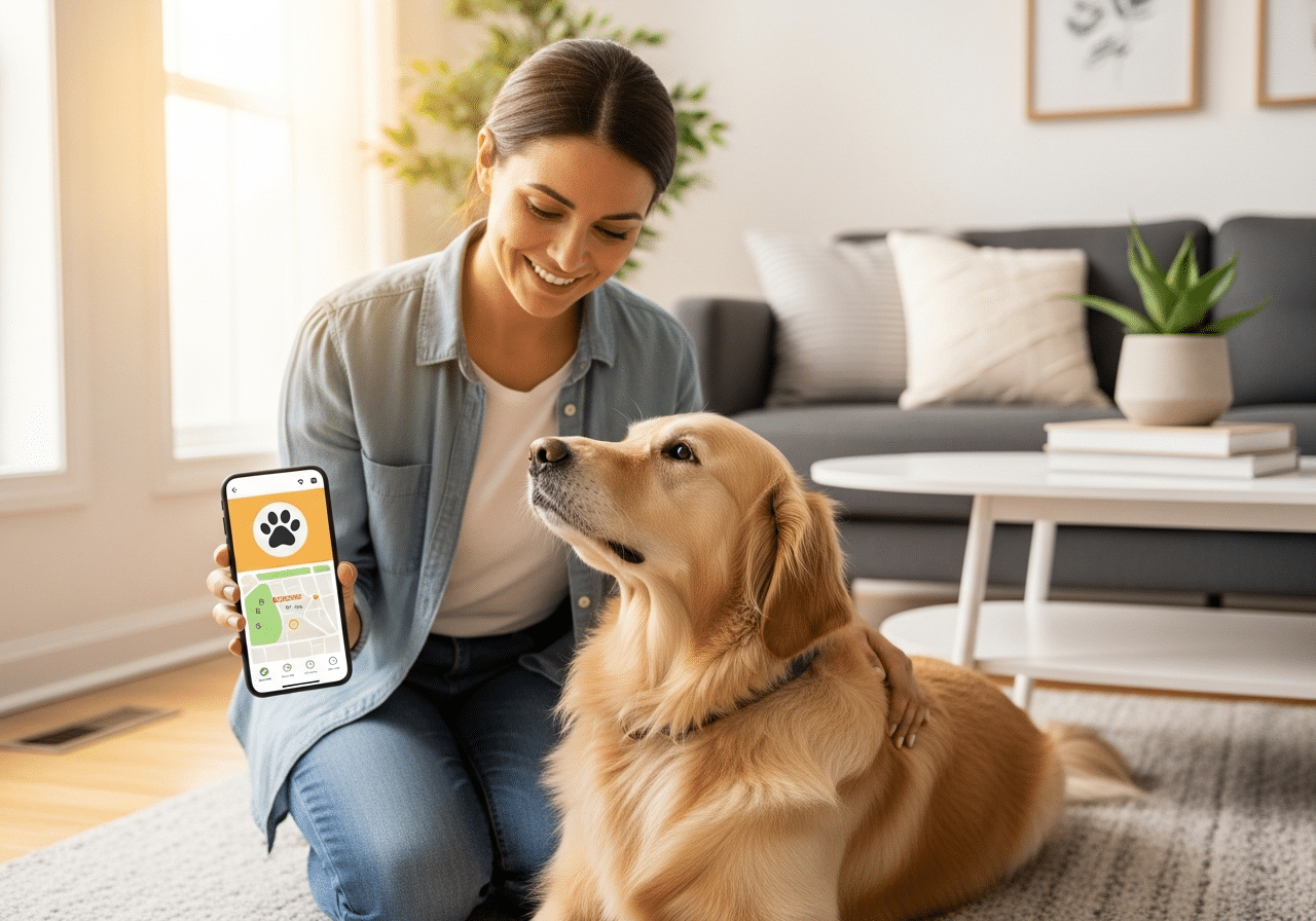 TrustedHousesitters in-home pet sitter caring for a relaxed dog in its own home — a stress-free, low-cost alternative to dog boarding