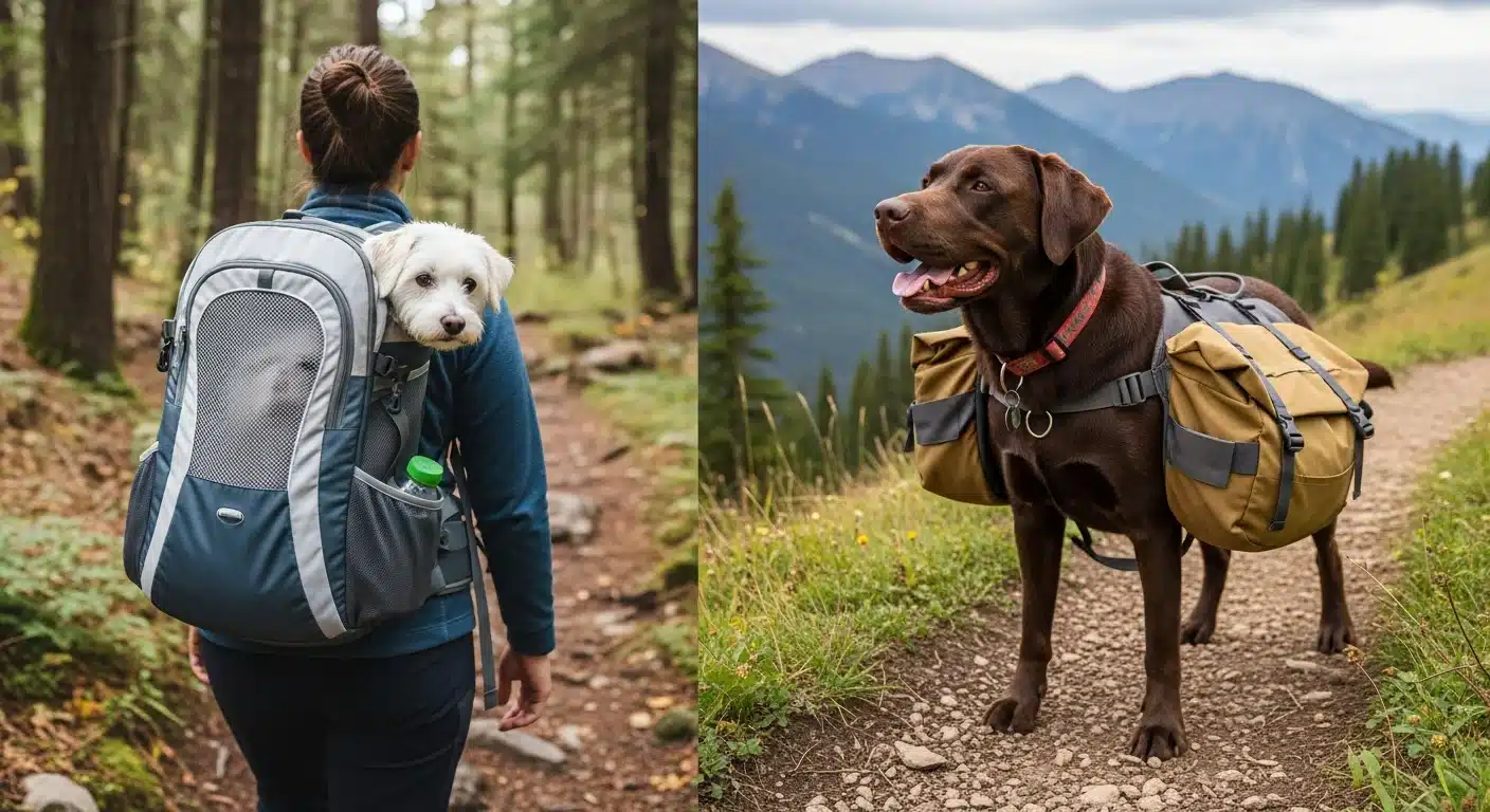 Split image: person hiking with small dog riding in a carrier backpack on the left; large Labrador hiking with saddlebag panniers on the right