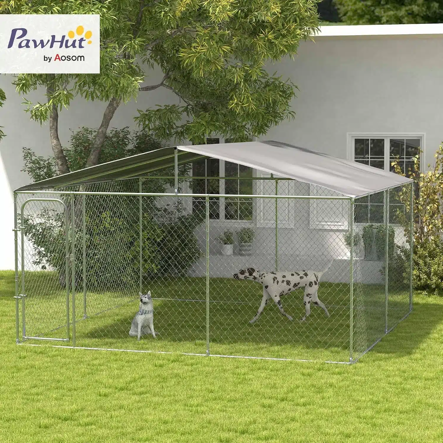 PawHut Outdoor Dog Kennel, Heavy-Duty Galvanized Steel Dog Run with Waterproof Cover