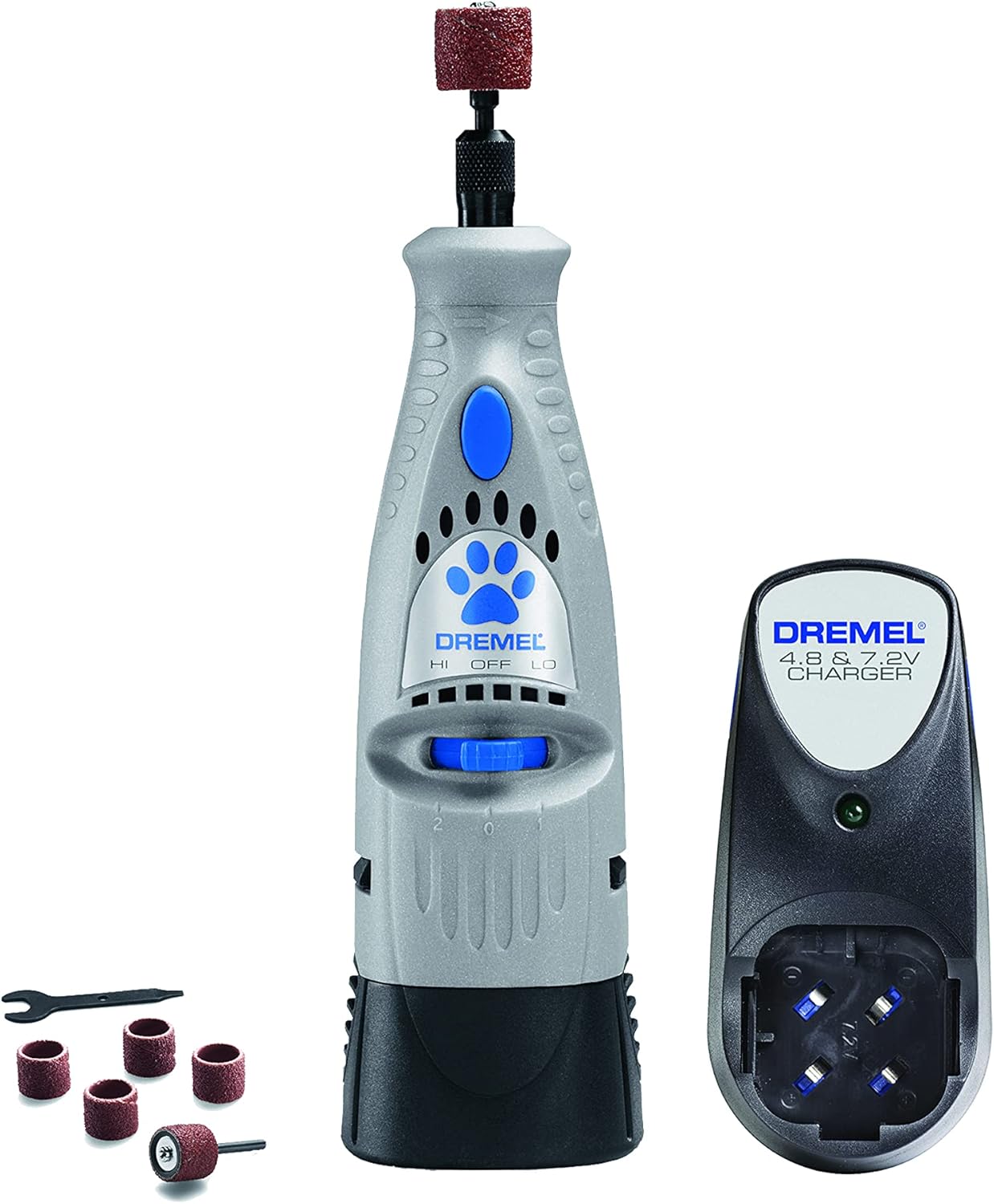 Dremel 7300-PT 4.8V cordless pet nail grinder in grey with blue paw logo, five sanding drums, wrench and charging base