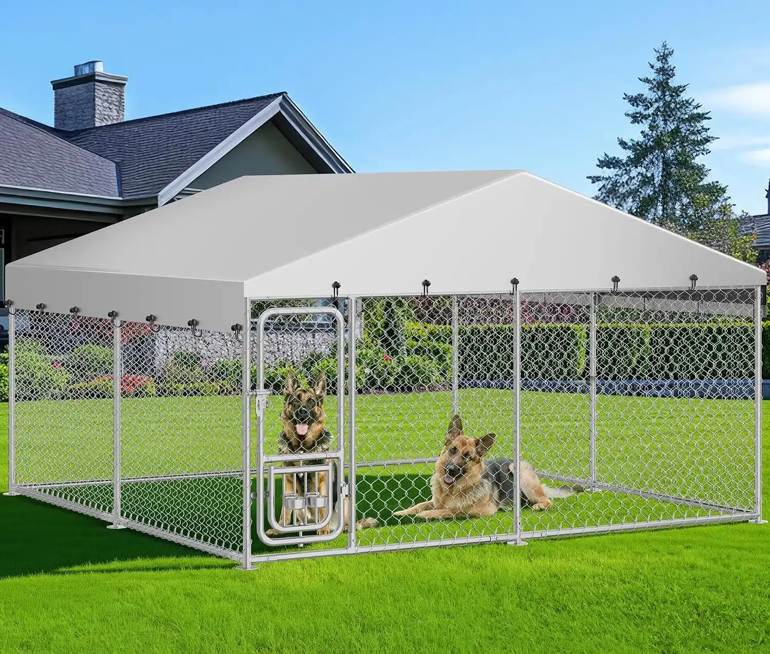 DWVO chain-link dog kennel with roof and rotating feeder