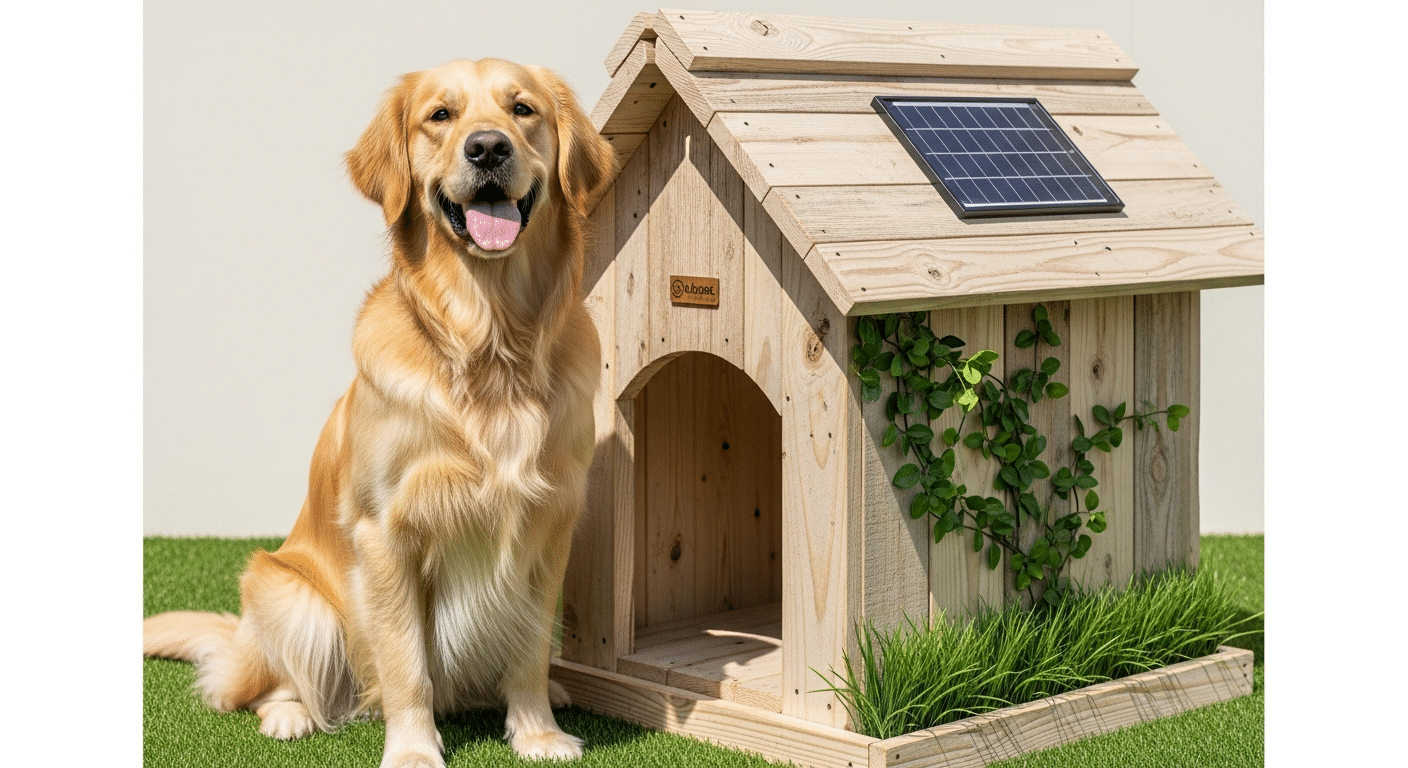Healthier eco-friendly solar heated dog house with a happy dog beside natural wood and greenery
