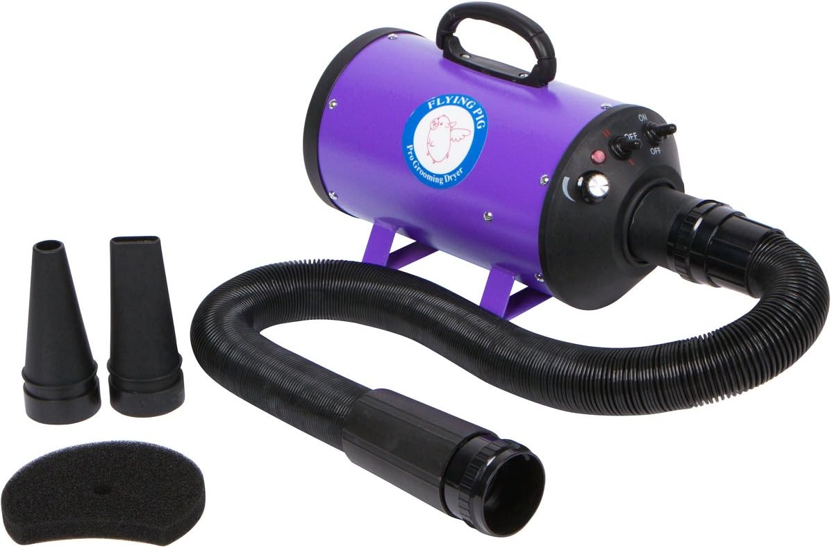 Flying Pig high-velocity dog grooming force dryer with steel shell, flexible hose and nozzle attachments
