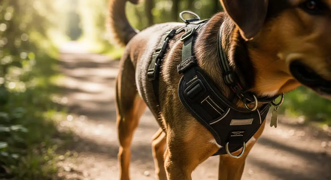 Dog wearing a padded dual-clip harness with front chest ring and back top ring on a sunny trail walk