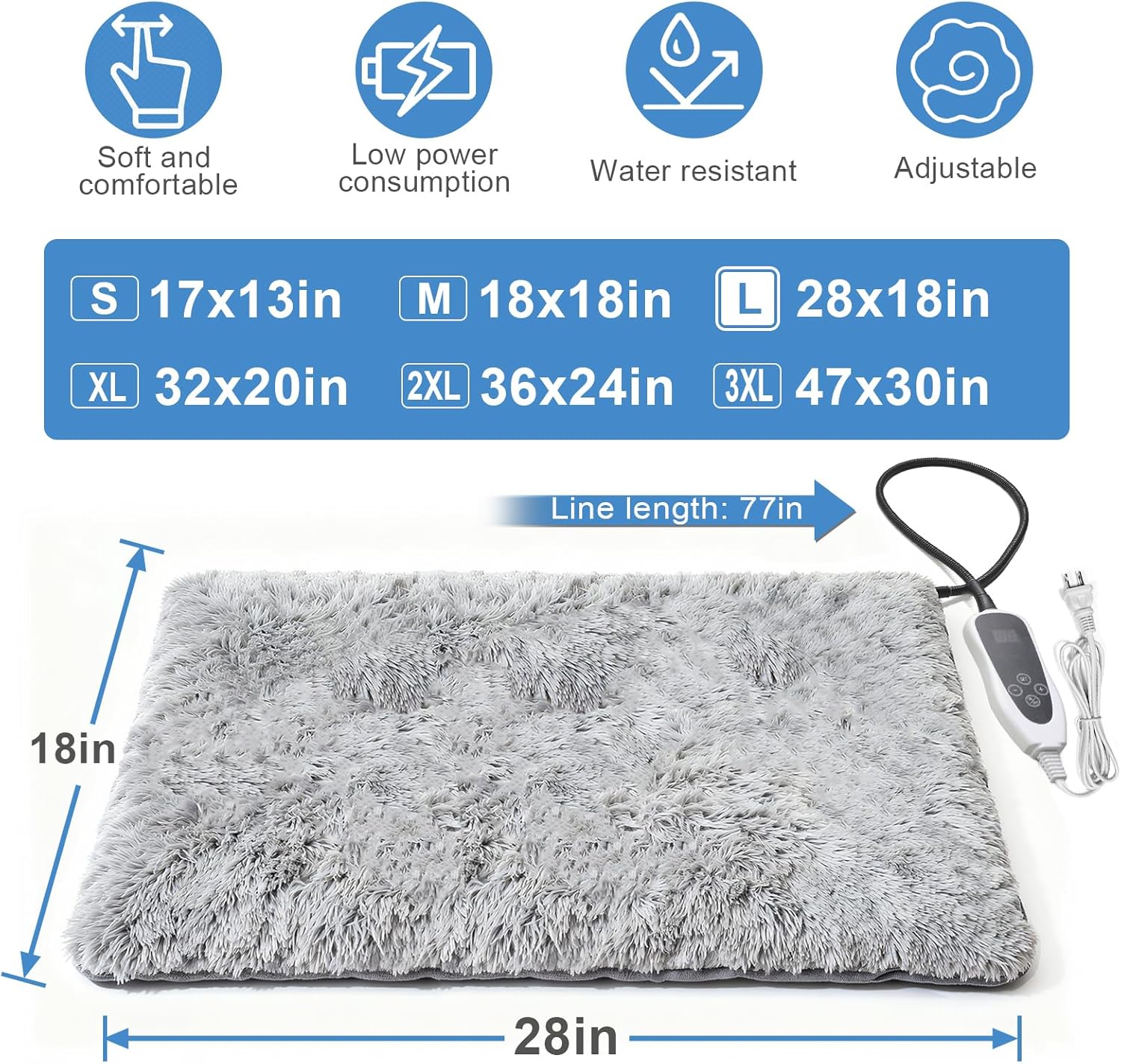 GOLOPET heated dog pad size chart showing the 28 by 18 inch pad and 77 inch cord