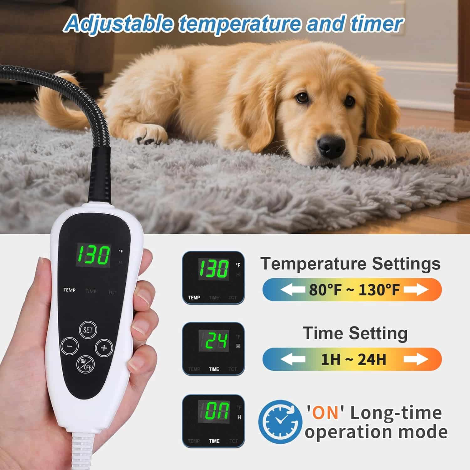 GOLOPET heated dog pad smart thermostat controller with 80 to 130F temperature and 1 to 24 hour timer