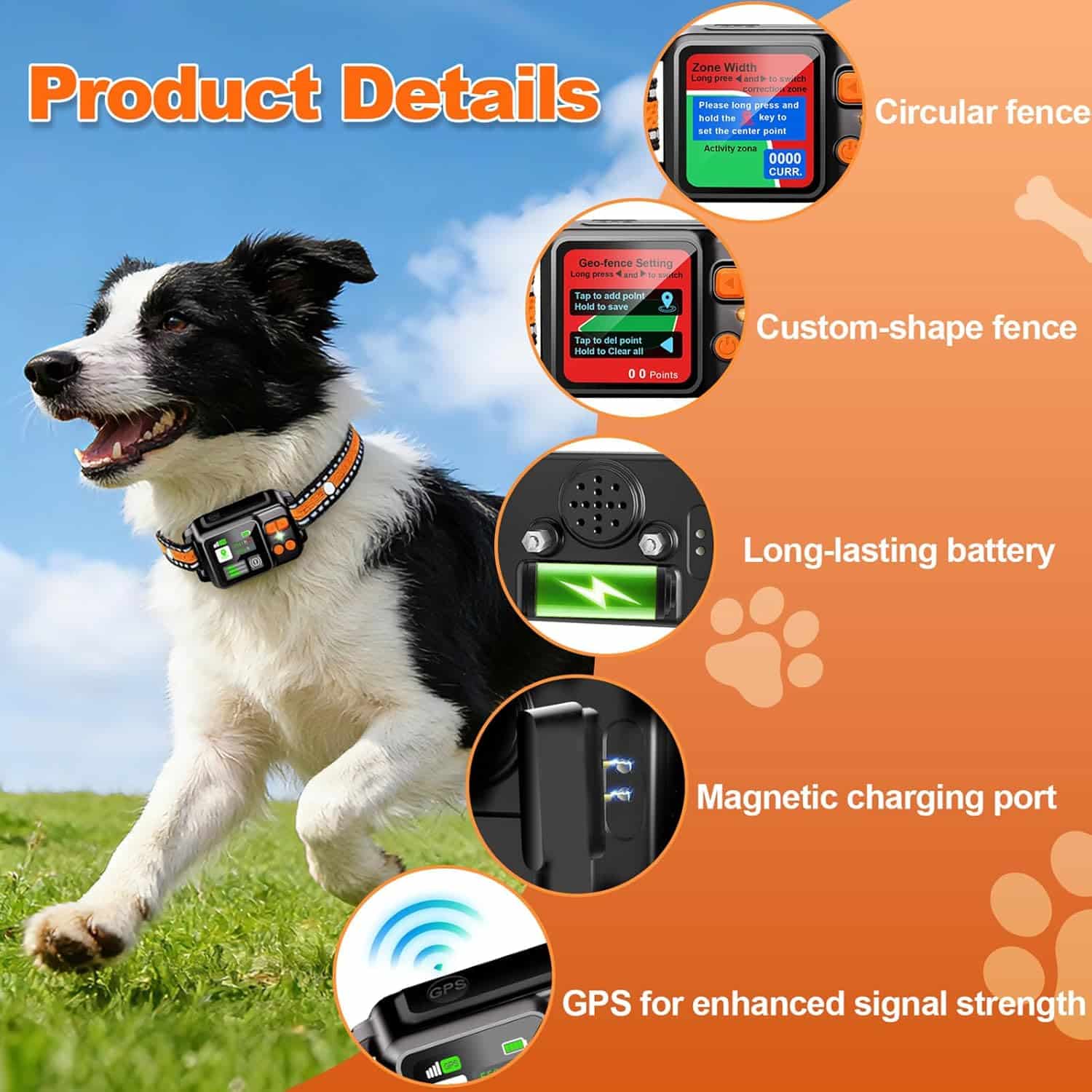 GPS dog fence collar screen, battery and magnetic charging port