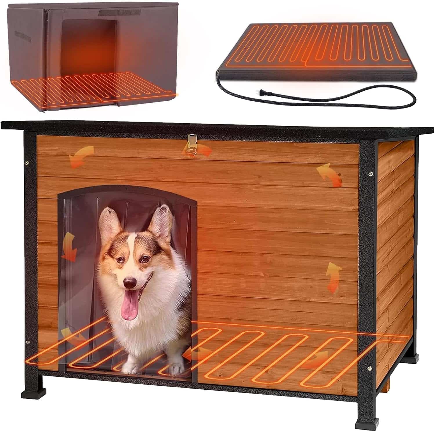 Dog inside the warm GUTINNEEN heated dog house