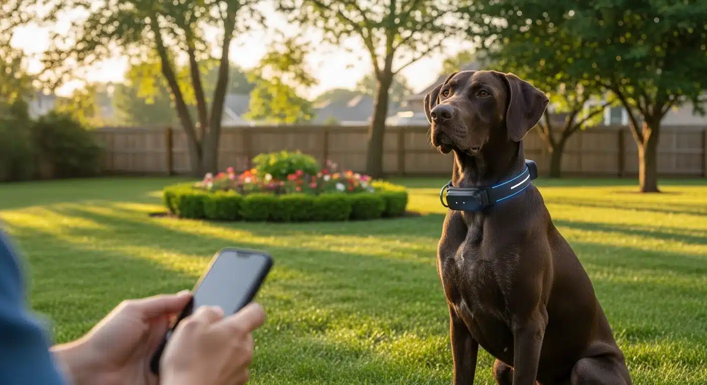 A large dog wearing a GPS smart collar in an open backyard while an owner holds a smartphone comparing GPS dog fence options