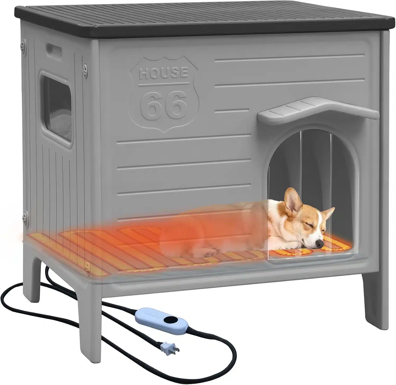 Heated elevated resin dog house with warming pad