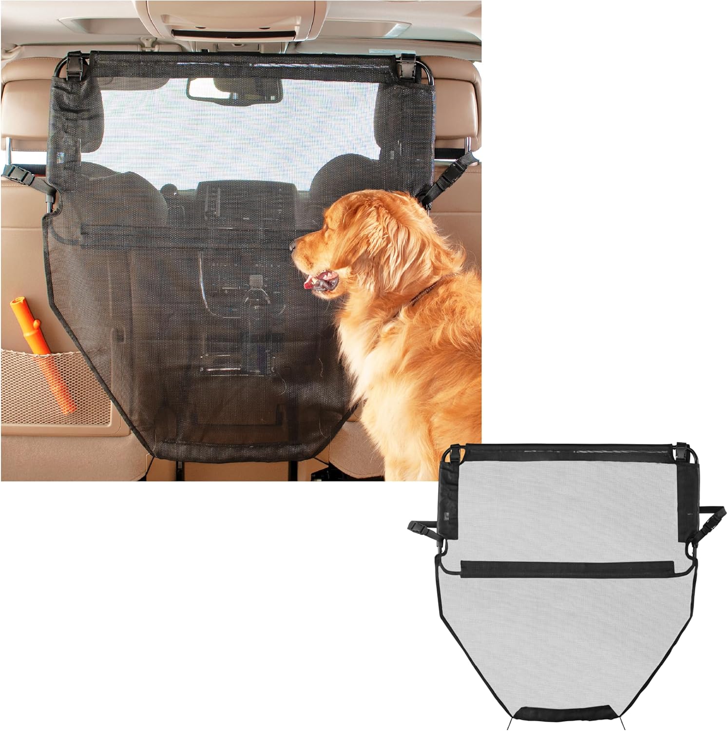 High Road padded steel-frame backseat dog car barrier with coated net mesh stretched behind the front seats