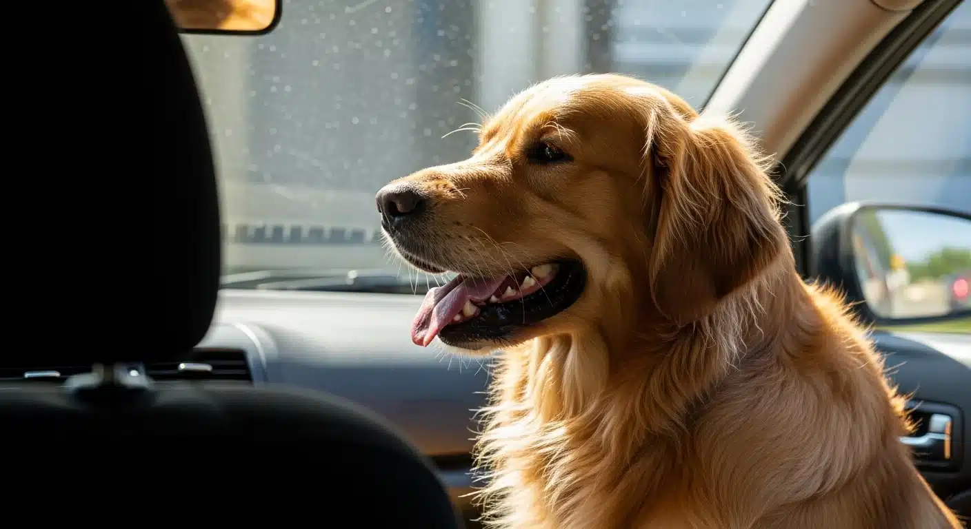 A dog sitting inside a parked car looking out the window on a sunny day