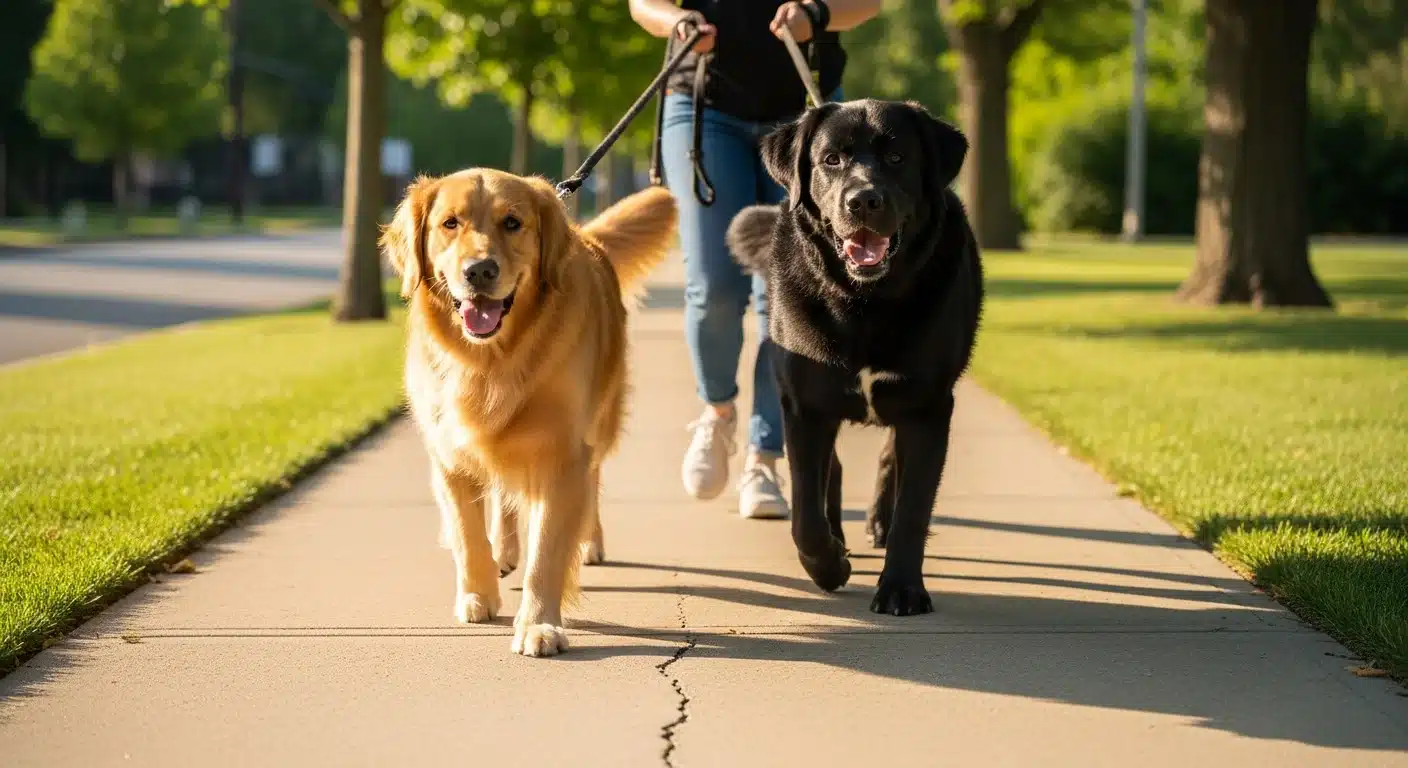 Dog on a 6-foot leash walking on a sidewalk showing correct leash length