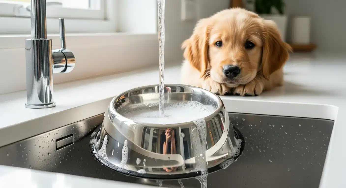 Stainless steel dog bowl being washed at a kitchen sink with running water and soap suds