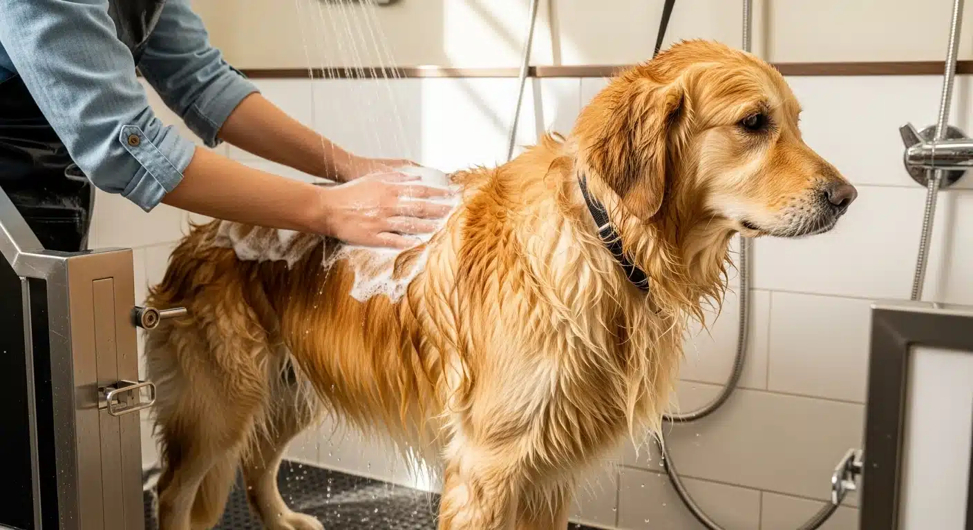 Large golden retriever being bathed with shampoo worked into the coat by an owner's hands in a bright clean setting