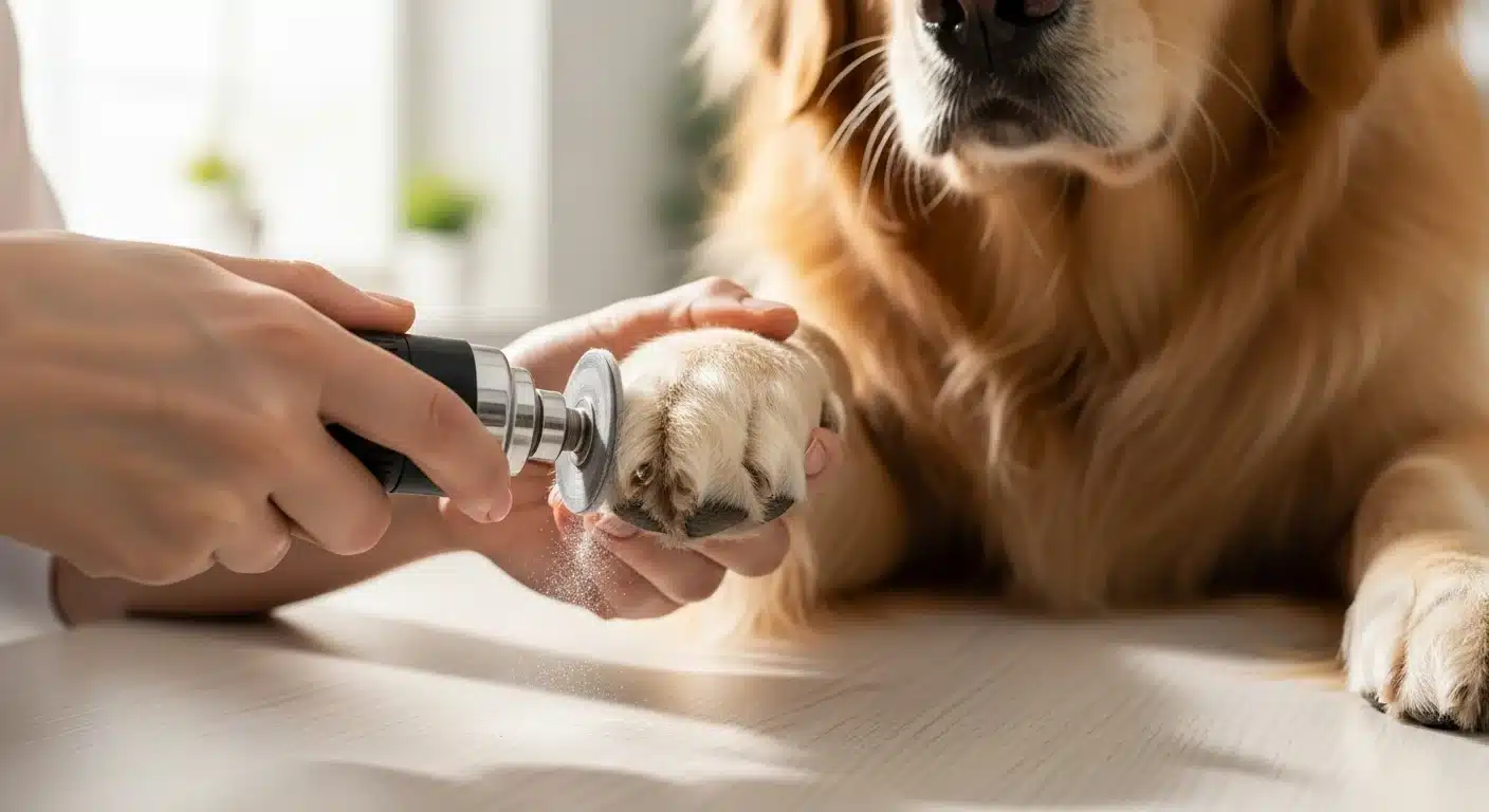 Golden retriever getting nails trimmed with a rotary nail grinder on a clean studio table