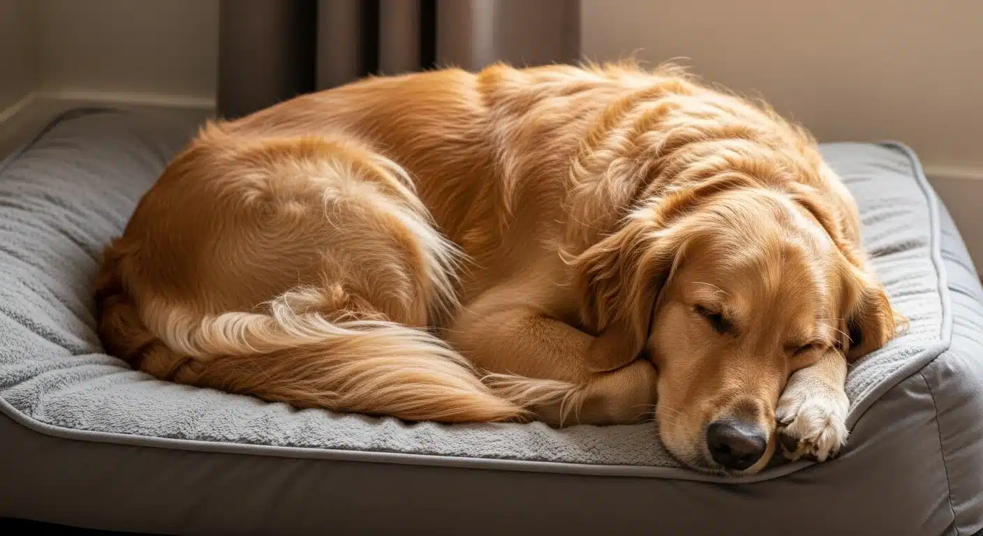 Golden retriever resting on a clean orthopedic dog bed with removable washable cover