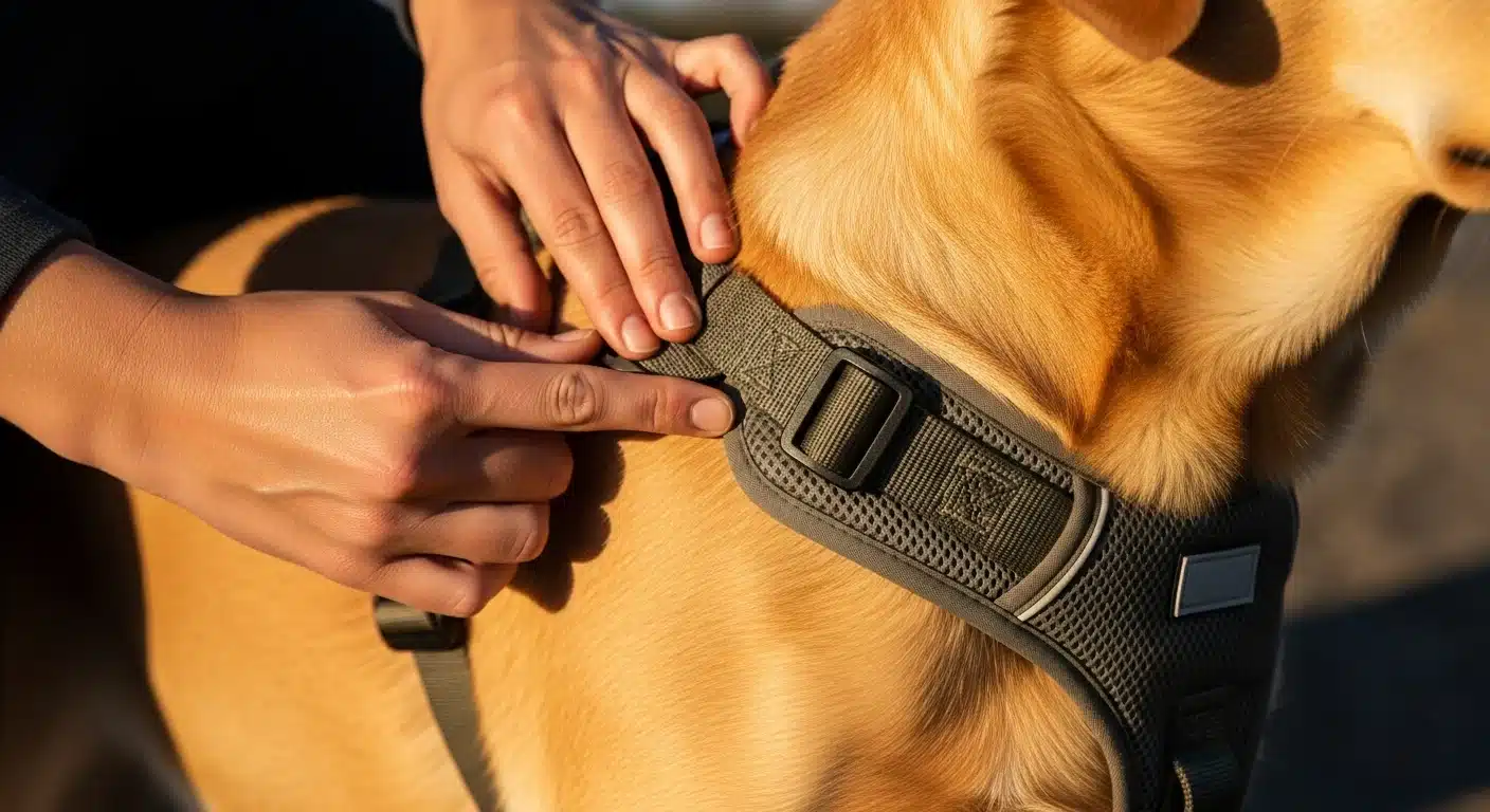 Owner fitting a harness on a large Labrador Retriever outdoors, checking the chest strap with two fingers