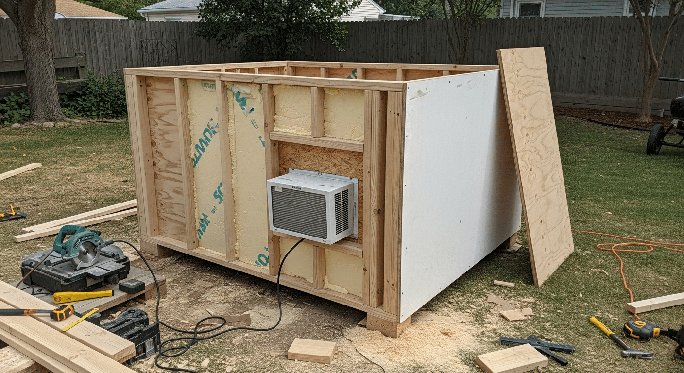 How to air condition a dog house DIY — insulated wooden dog house with a small window AC unit fitted into the rear wall