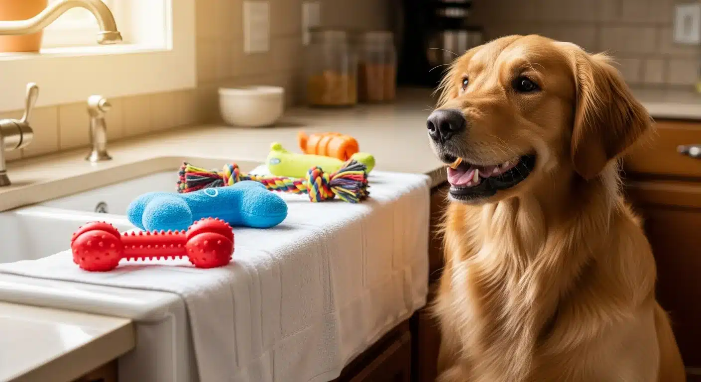 Golden retriever sitting beside freshly cleaned dog toys drying on a white towel beside a kitchen sink
