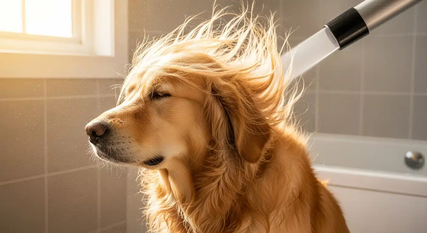 A large golden retriever being dried with a high-velocity force dryer after a bath in a bright clean home
