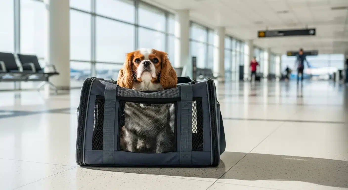 A small dog sitting calmly in a soft-sided airline travel carrier in a bright airport terminal