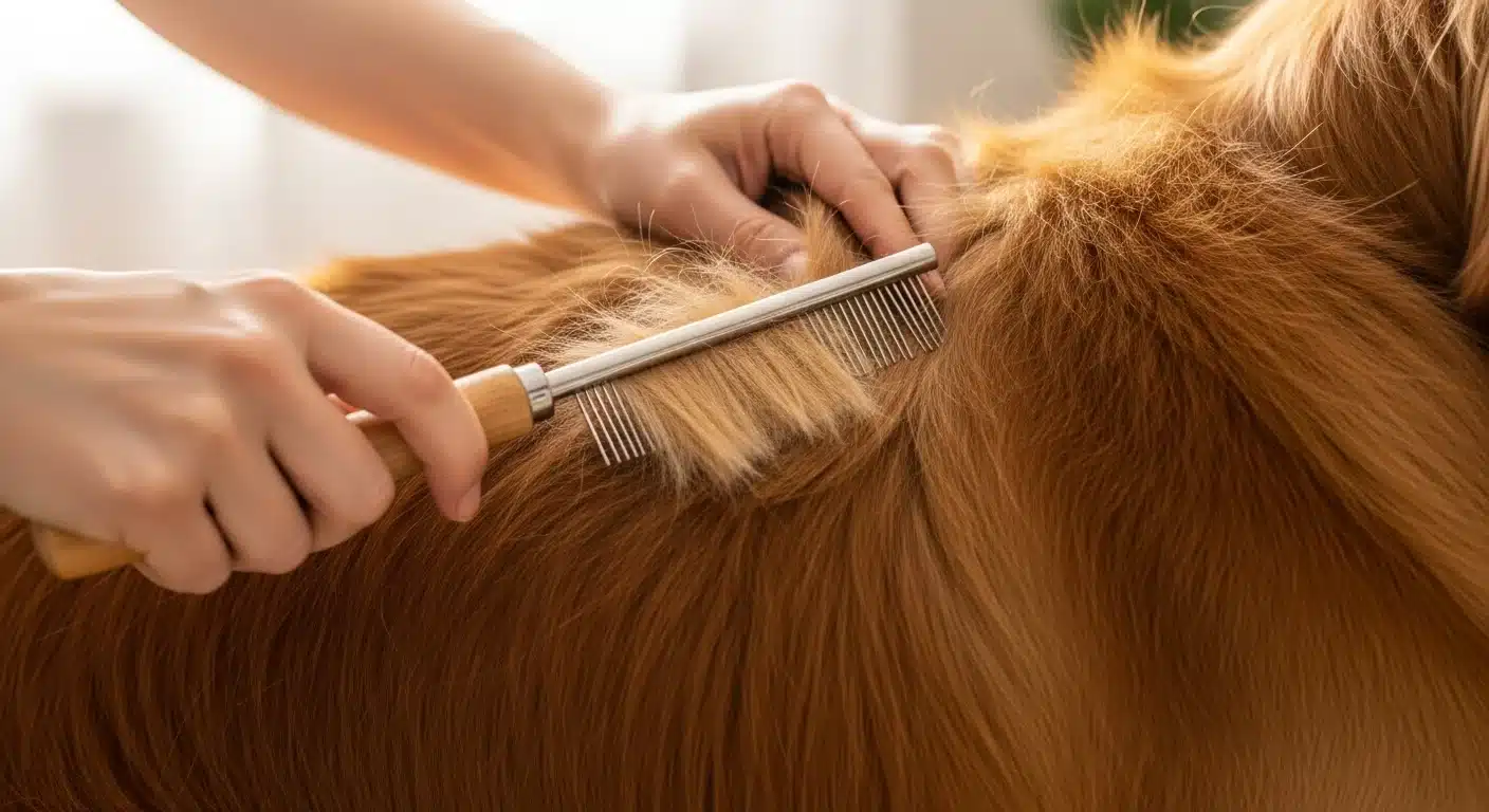 A person gently brushing through a golden retriever's long fur with a dematting comb indoors