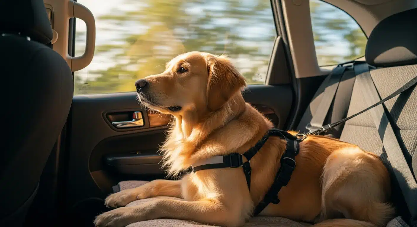 A relaxed dog resting calmly and secured in a car back seat, soft daylight through windows
