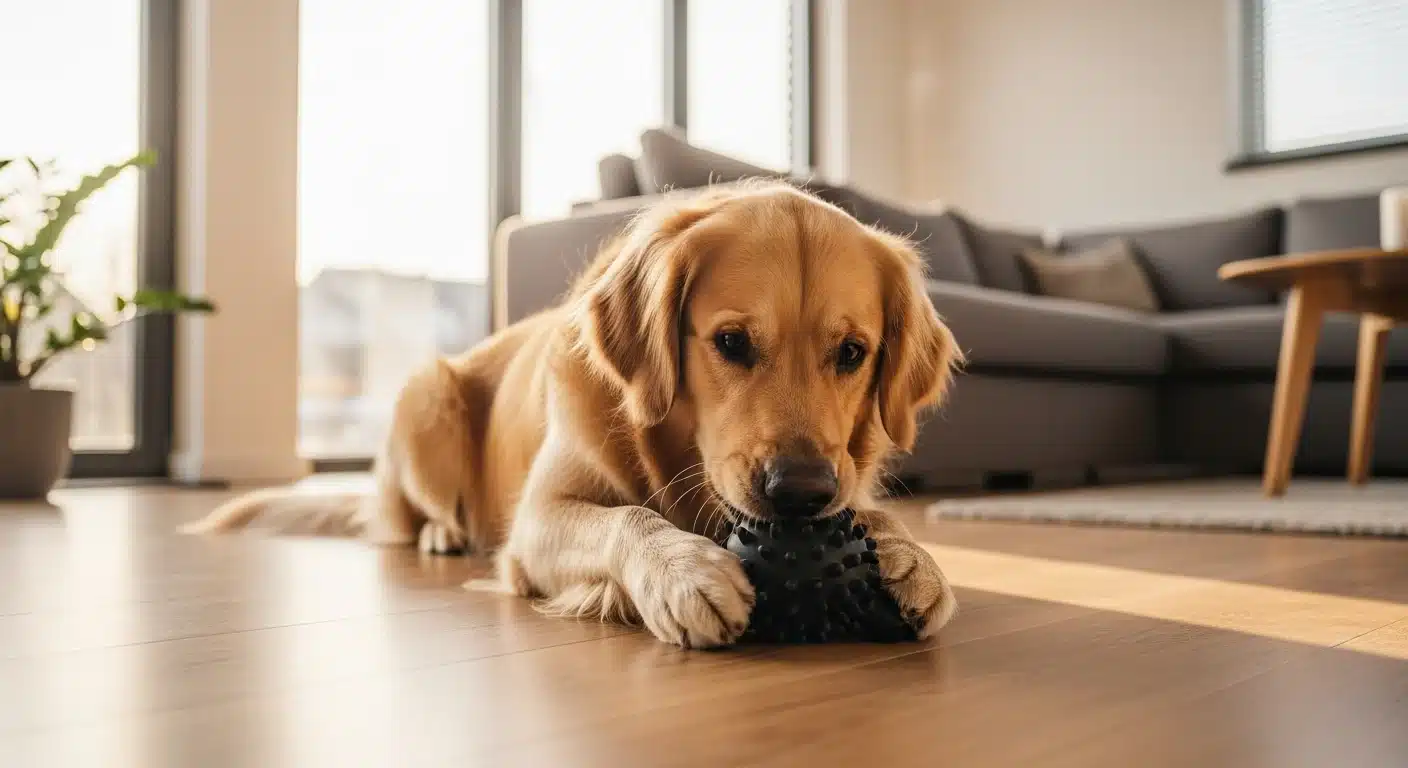 Golden retriever happily playing with an enrichment toy on a living room floor