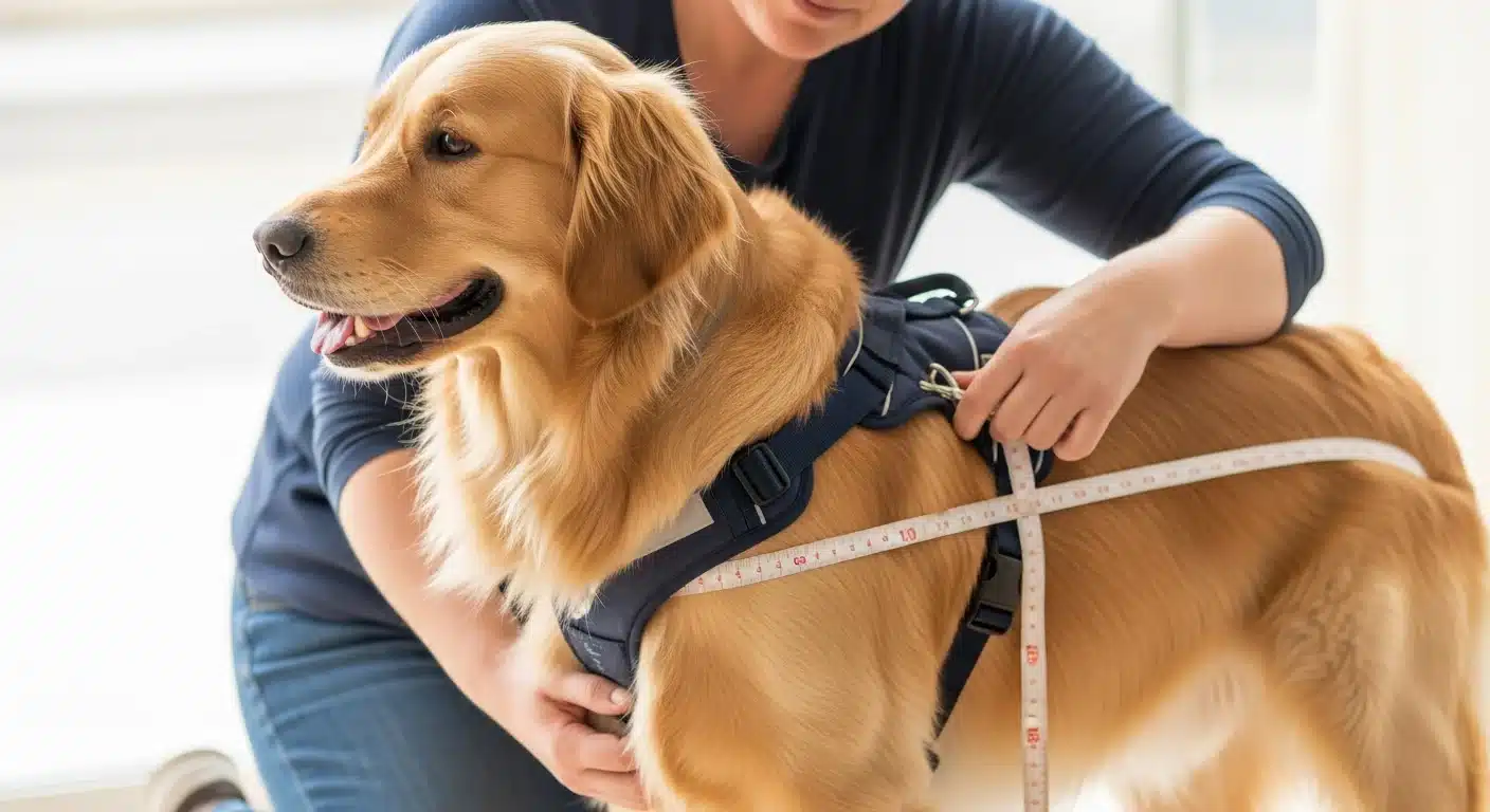 Owner measuring a dog chest girth with a soft tape measure for harness sizing