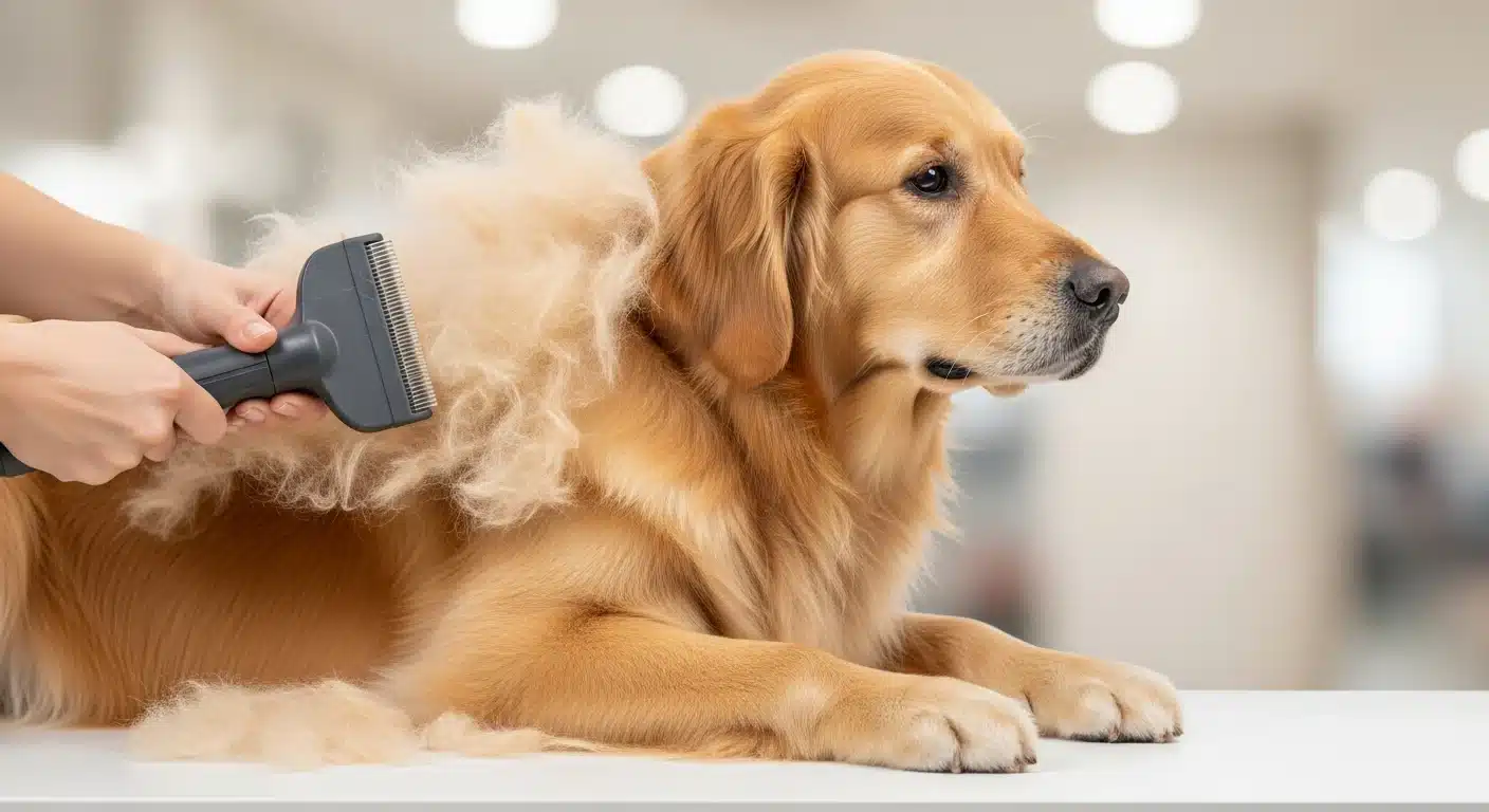 Golden retriever being brushed with a FURminator deshedding tool to reduce shedding