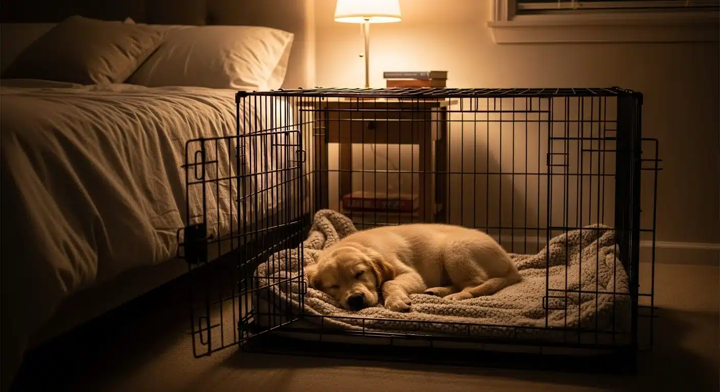 Golden retriever puppy sleeping peacefully inside a wire dog crate with soft blanket at night