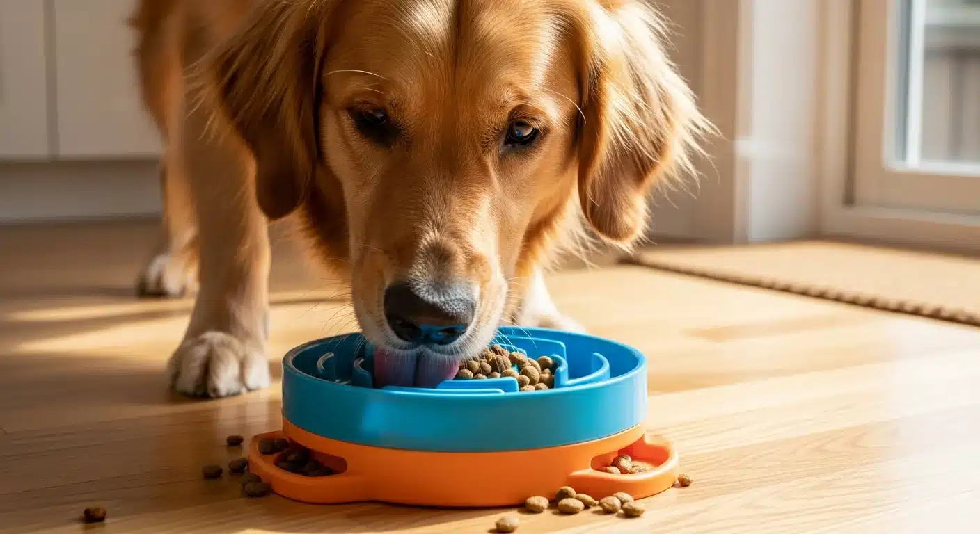 Golden retriever eating kibble from a colourful blue maze slow-feeder bowl on a kitchen floor