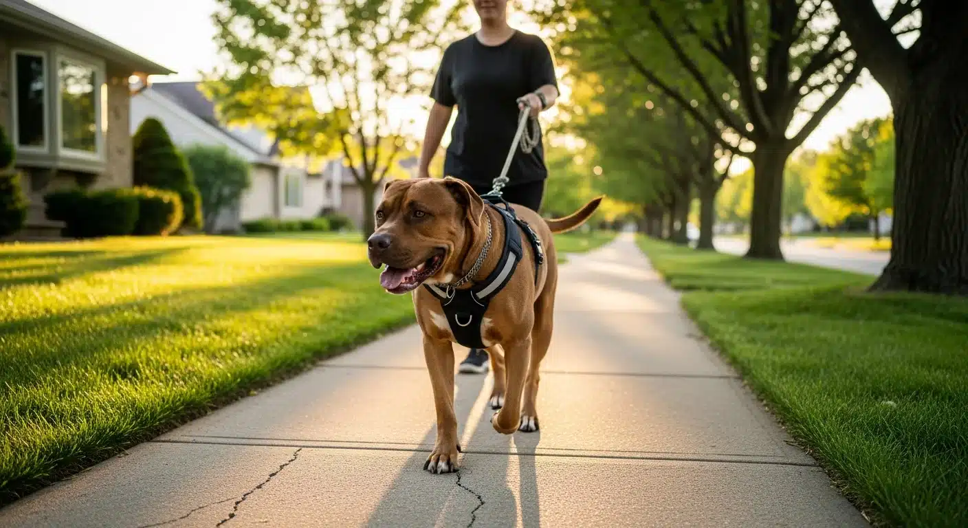 Owner walking a large dog on a slack leash using a front-clip no-pull harness on a sunny suburban sidewalk