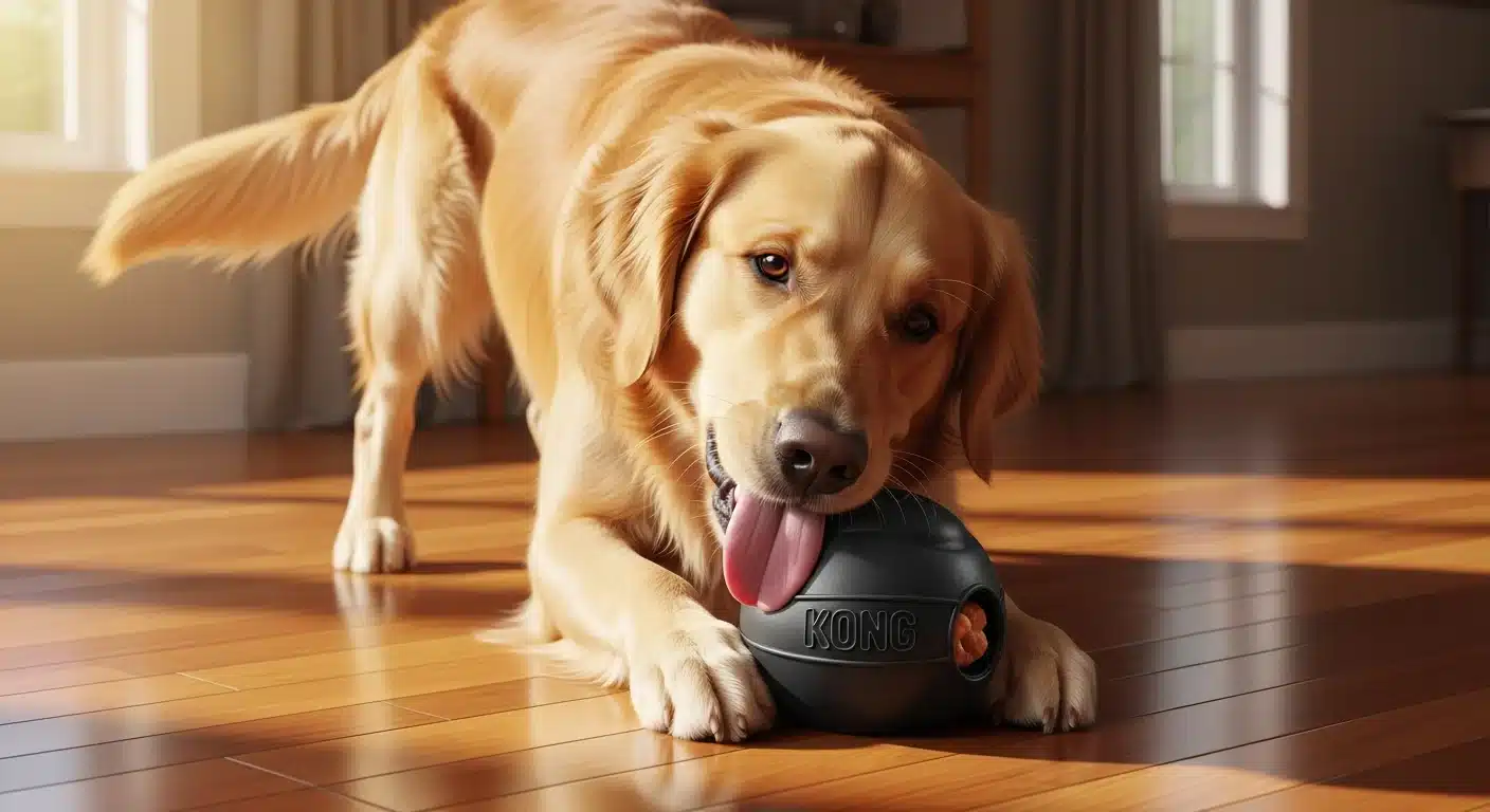 Golden retriever working on a stuffed black KONG chew toy on a hardwood floor