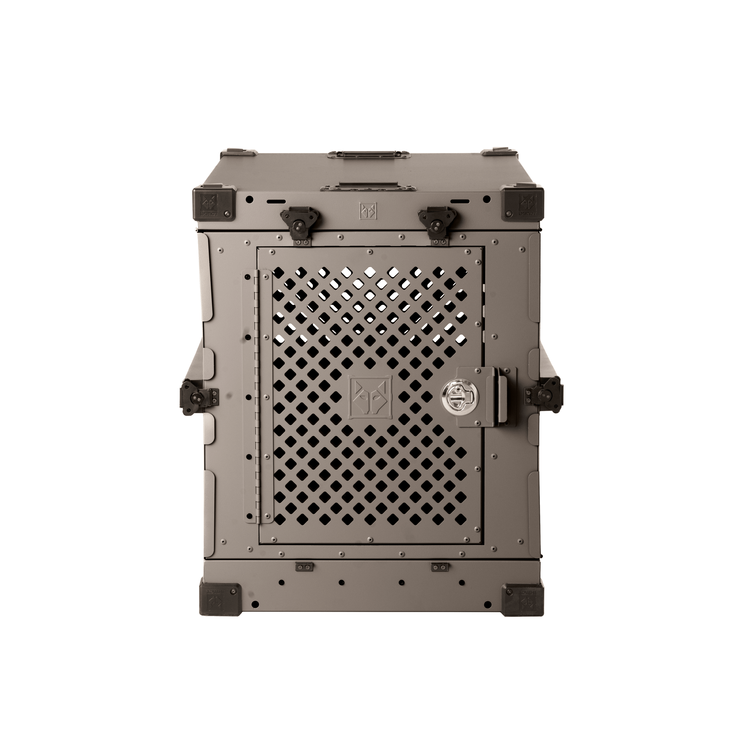 Impact Collapsible Dog Crate in gray aircraft-grade aluminium, front view