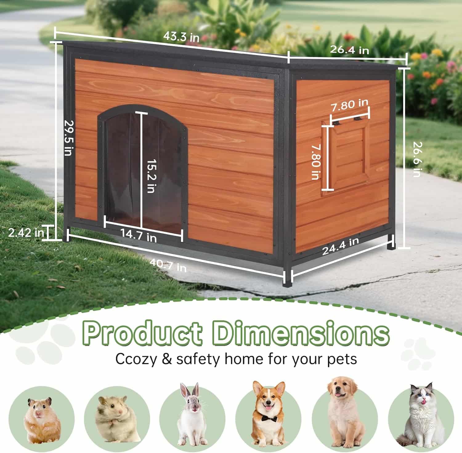Insulated wooden dog house dimensions 43.3 by 26.4 by 29.5 inches with a 14.7 by 15.2 inch door