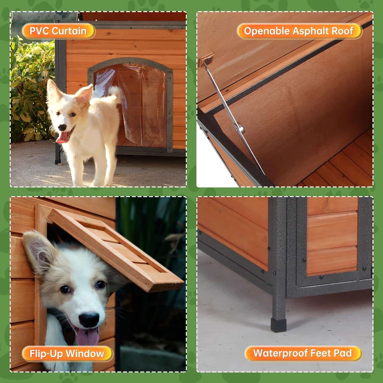 Insulated wooden dog house PVC door curtain, openable asphalt roof, flip-up side vent and waterproof feet