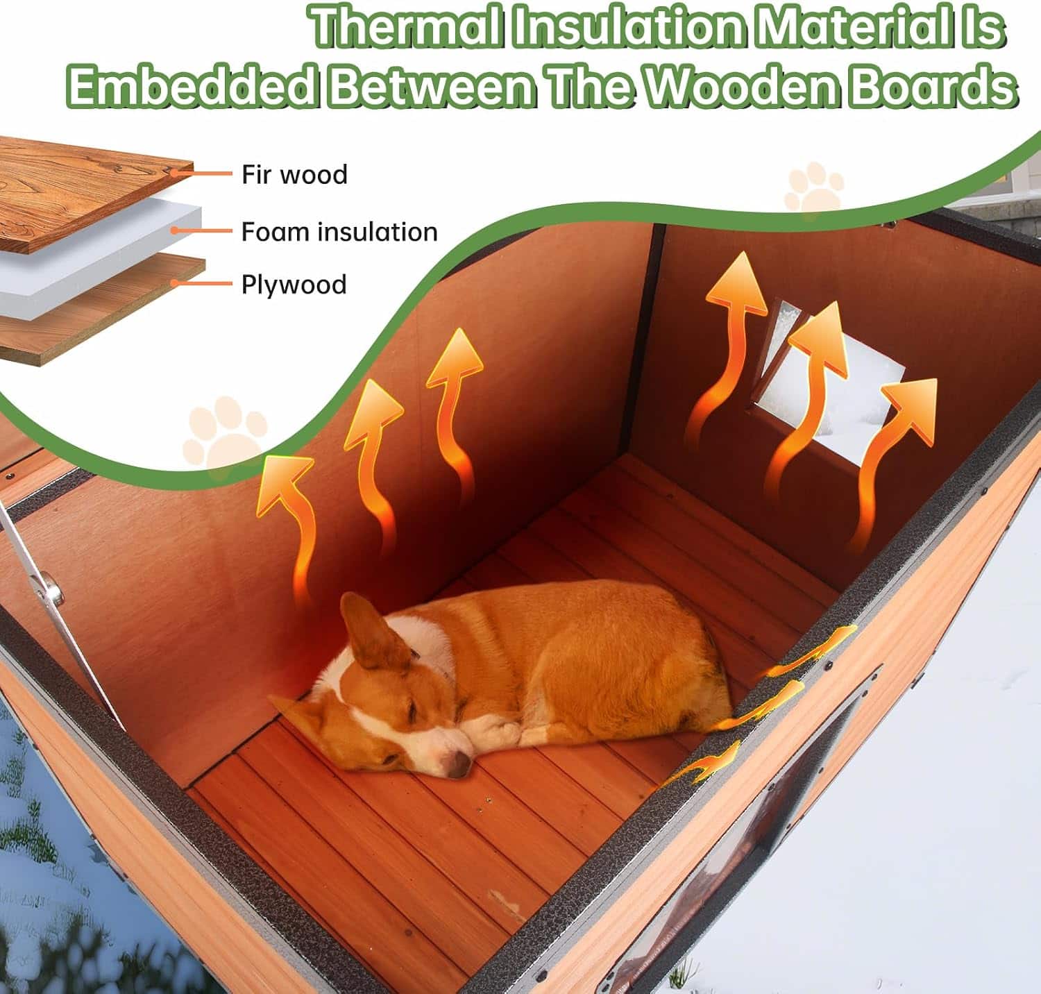 Insulated wooden dog house wall cutaway showing fir wood, foam insulation and plywood layers