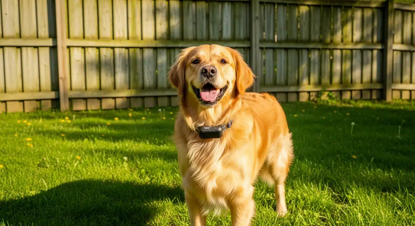 A happy large dog standing safely in a fenced backyard wearing a GPS collar, illustrating alternatives to an invisible fence