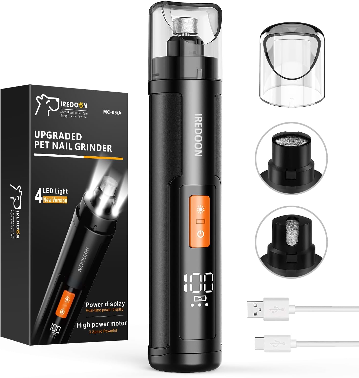 IREDOON super-quiet low-vibration 3-speed dog nail grinder in black with four LED lights, dust cap and power display