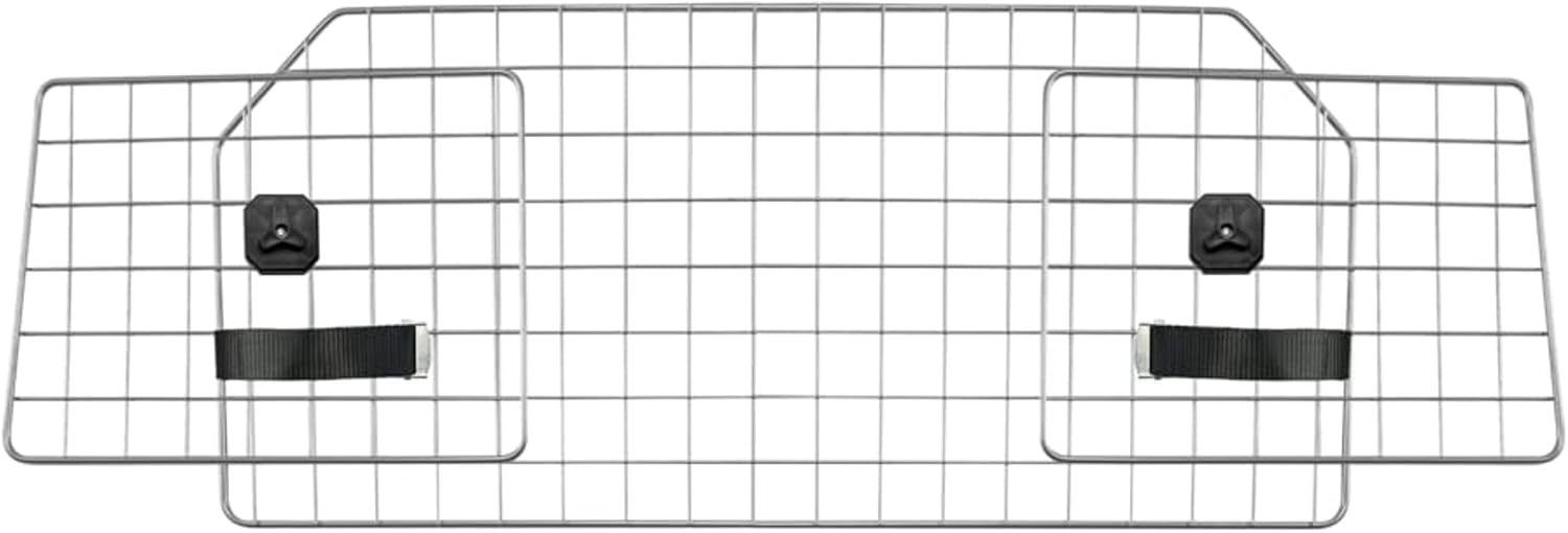 Jumbl heavy-duty adjustable steel-wire dog car barrier installed behind the front seats of a vehicle