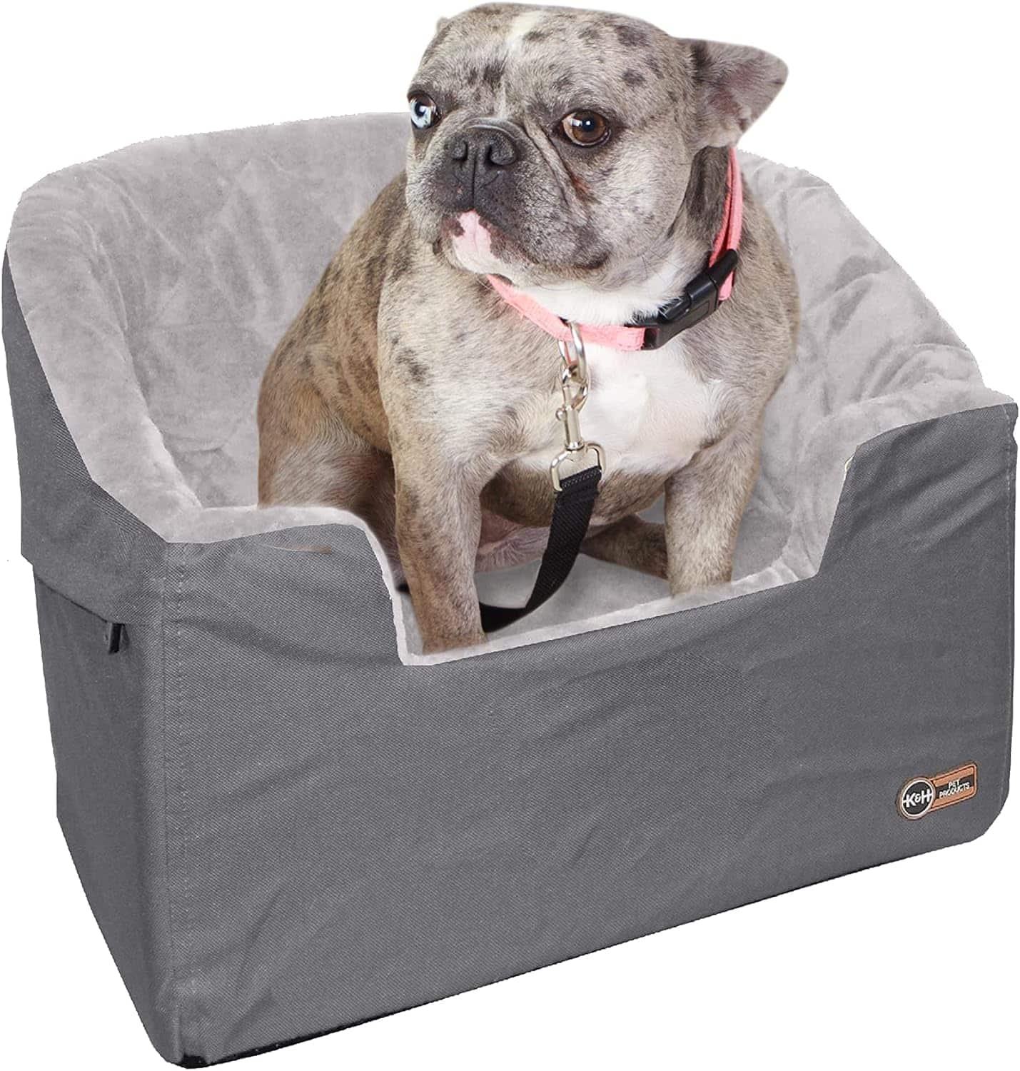 K&H Bucket Booster dog car seat for small to medium dogs with two safety leashes and washable cover
