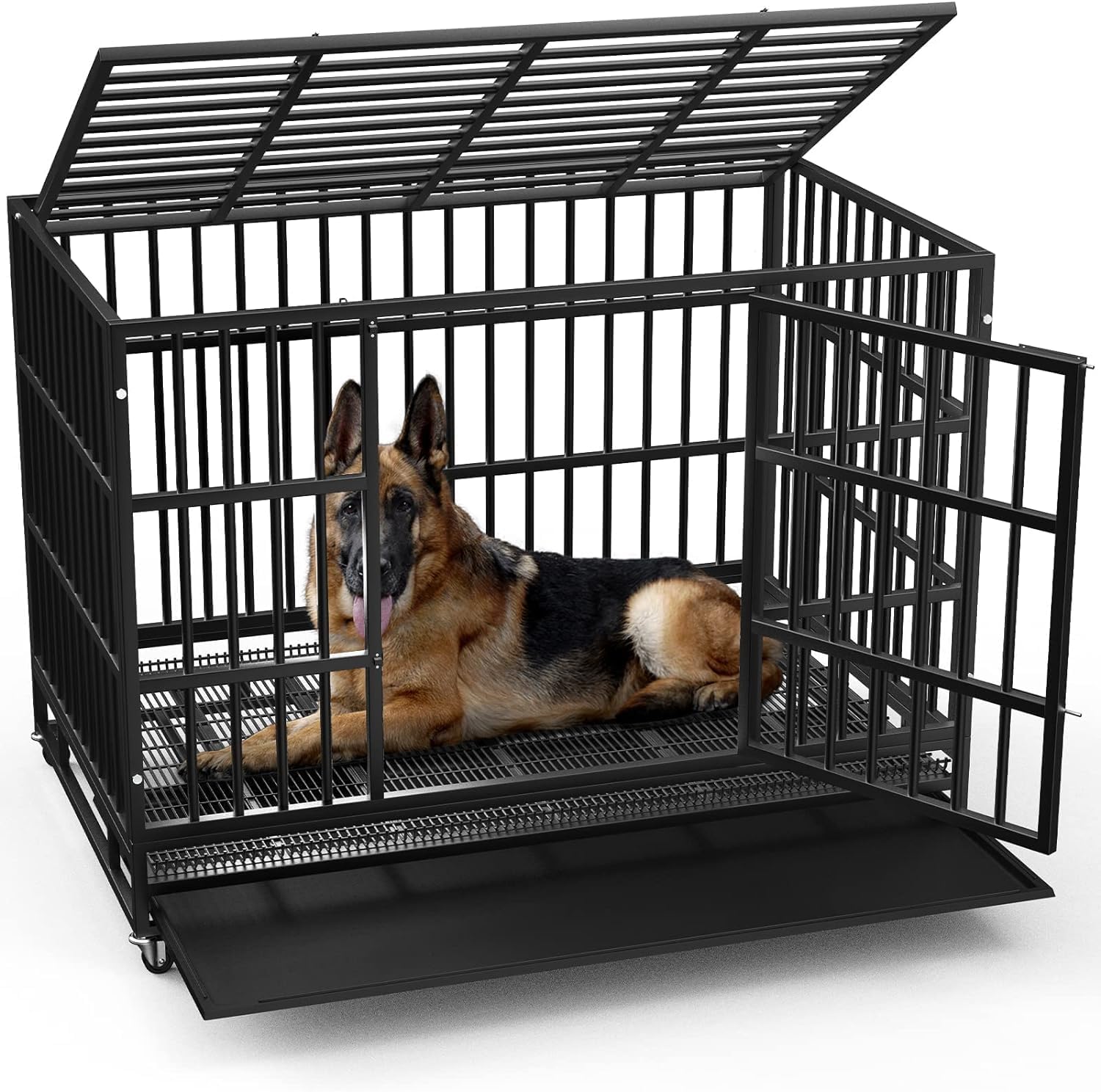 LEMBERI 42-inch heavy-duty escape-proof steel dog crate with lockable wheels
