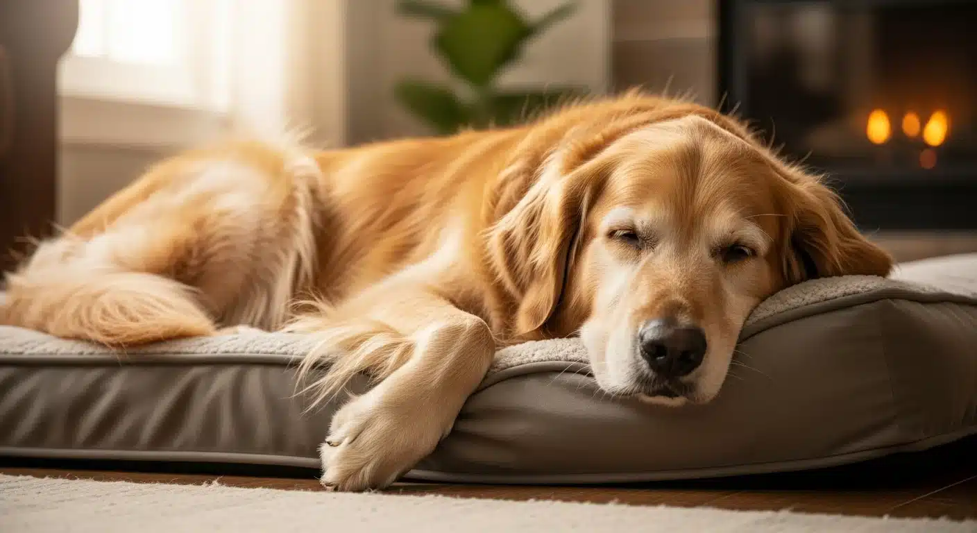 Large senior dog sleeping peacefully on a thick orthopedic memory foam dog bed in a warm living room