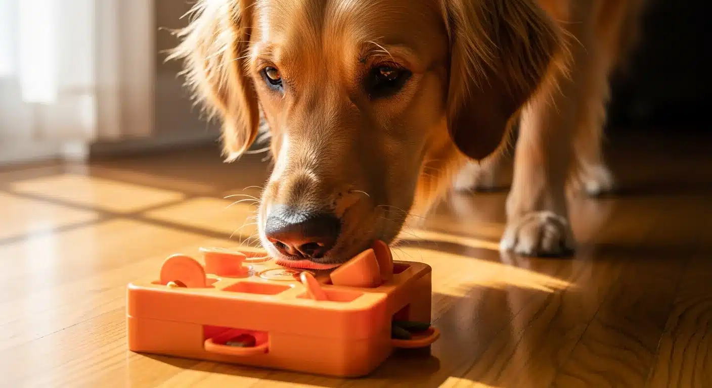 A dog using a puzzle toy for mental stimulation — nose-work enrichment activity
