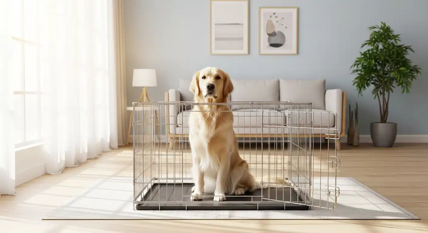 Golden retriever sitting inside an open wire metal dog crate in a bright living room
