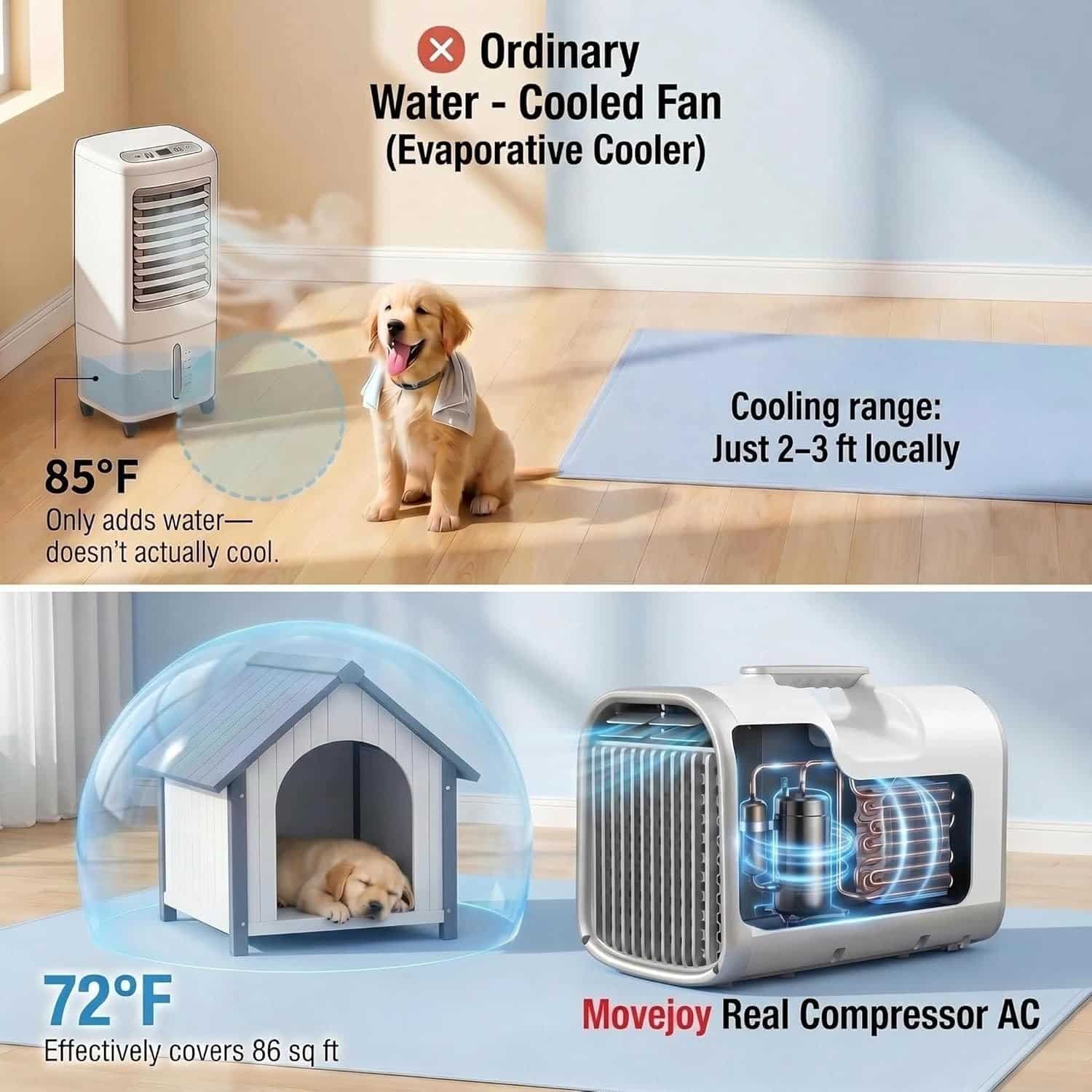Diagram comparing the Movejoy real compressor AC cooling a dog house to 72F over 86 square feet versus an evaporative fan that only reaches 85F