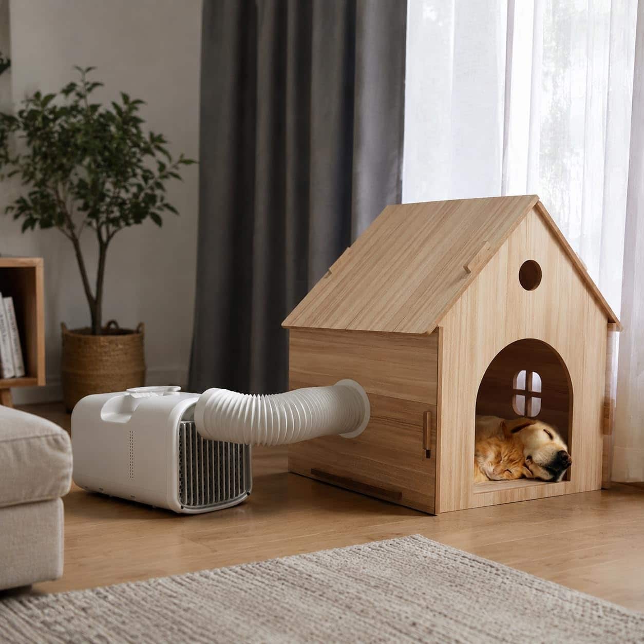 Movejoy portable air conditioner ducting cold air through its exhaust hose into a wooden dog house with a dog sleeping inside