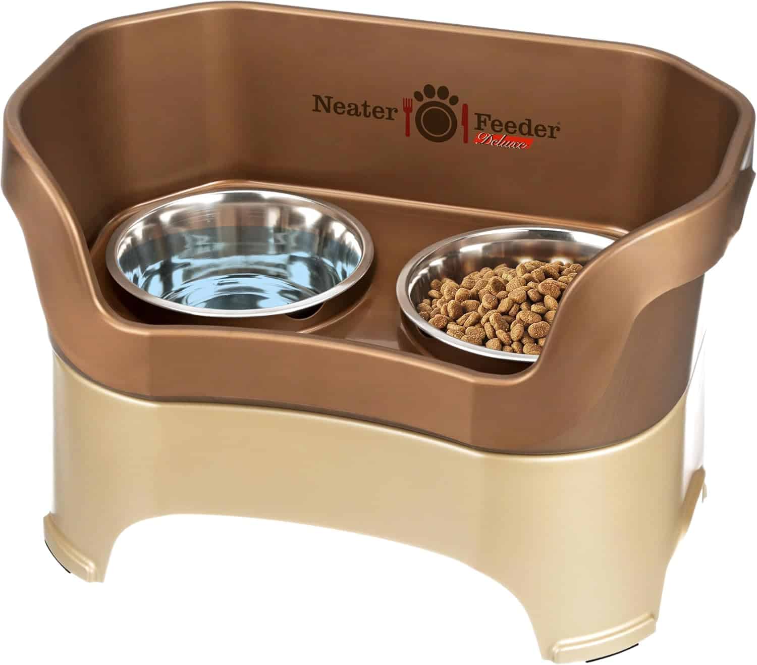 Neater Feeder Deluxe elevated dog bowl station in bronze for large dogs with a stainless steel food and water bowl and a mess-proof reservoir base